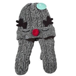NWT Gray Knit Reindeer Hat Mittens Set Kids 3-6‎ Winter Christmas Fleece Lined
